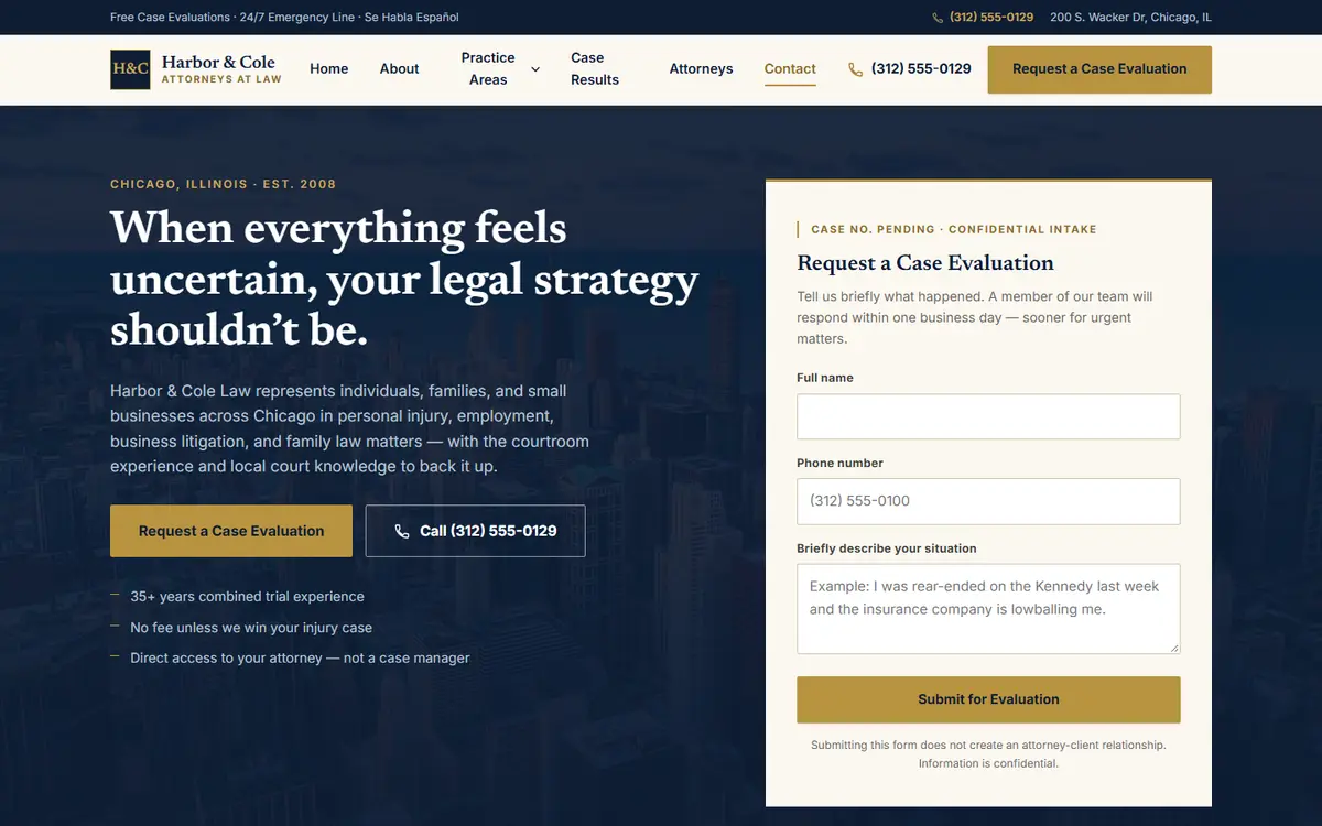 Preview of the Harbor & Cole Law homepage