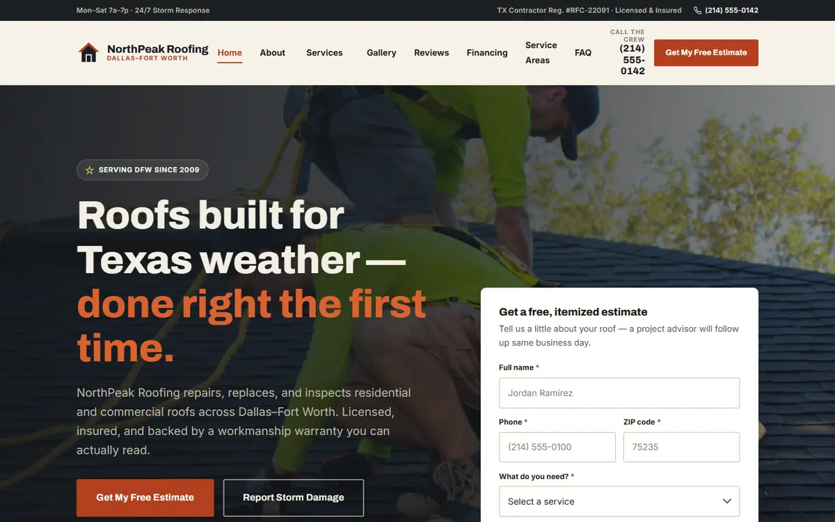 Preview of the NorthPeak Roofing homepage