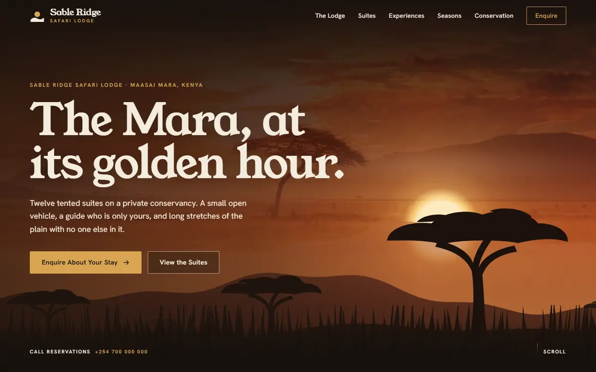 Preview of the Sable Ridge Safari Lodge homepage